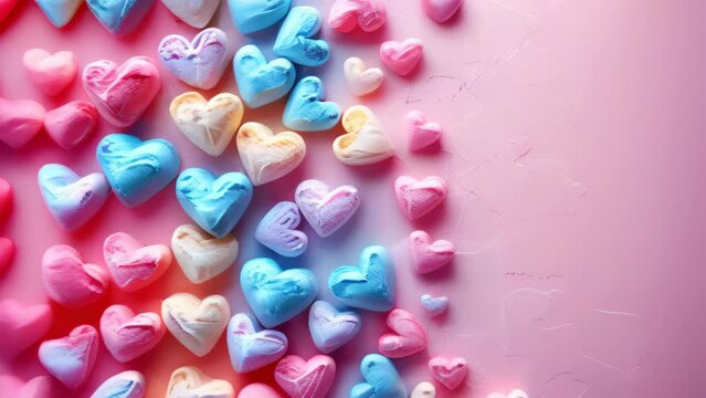 A lot of blue and pink hearts shape and white hearts shape put on pink pastel background have free or copy space for insert text, image using for valentine ‘s day signs and lovely sweet concept