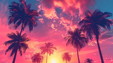Fototapeta na wymiar palms tree on pink sky background