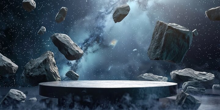 empty podium, floating abstract stones, outer space sky background