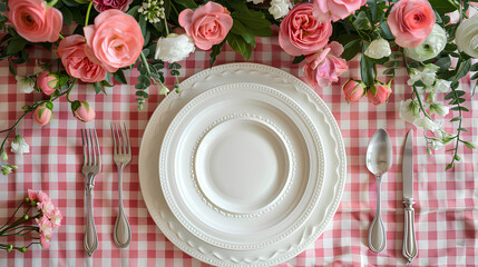 top view of beautiful table setting with flowers and white plate