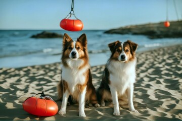 'holding life two dogs beach adorable buoys dog buoy sailor funny pet background safety hat animal young white cute summer domestic mammal canino purebred safe guard lifeguard sos style water'