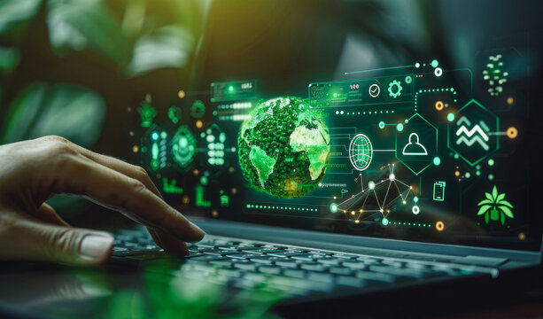 Eco-Tech and Sustainability Interface: A person points to a digital card over a laptop with icons like a globe and plant, symbolizing environmental sustainability.