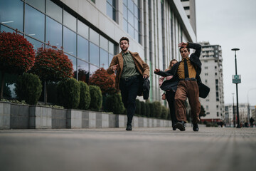 Three business professionals in stylish outfits running energetically outdoors with an urban backdrop, conveying urgency and dynamism.