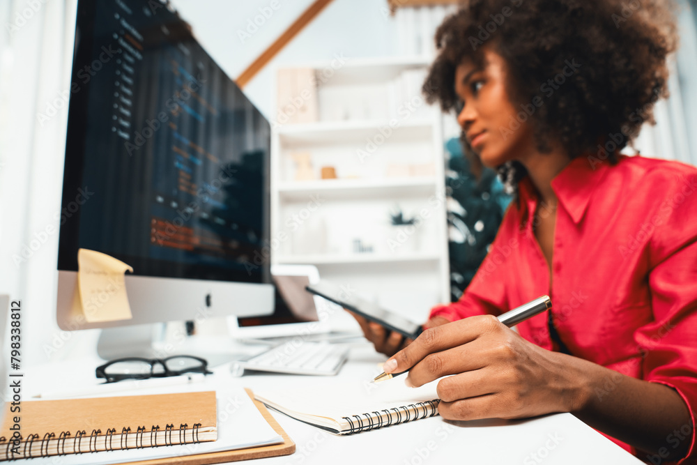 Poster young working african woman creating coding website developer, thinking data information designer at