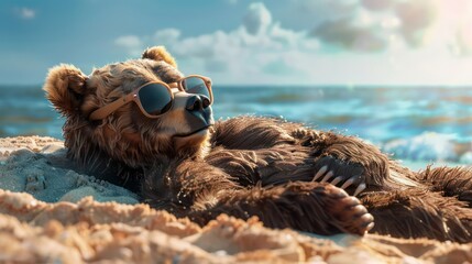 Cool Bear sunbathing with glasses on the beach