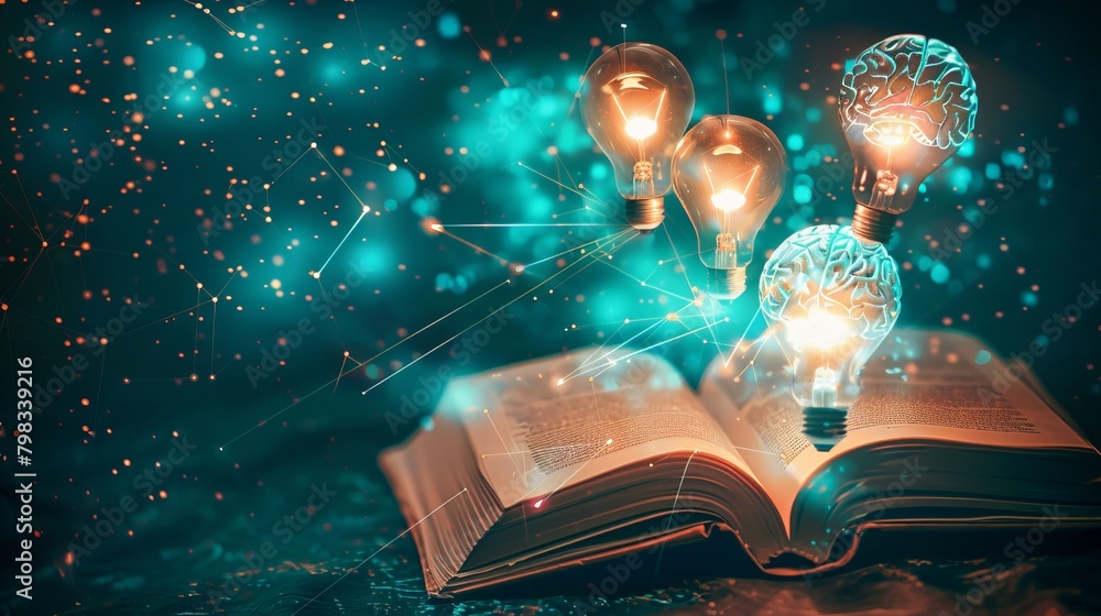 Poster a creative visualization of light bulbs connected to an open book, with lines of light extending to 