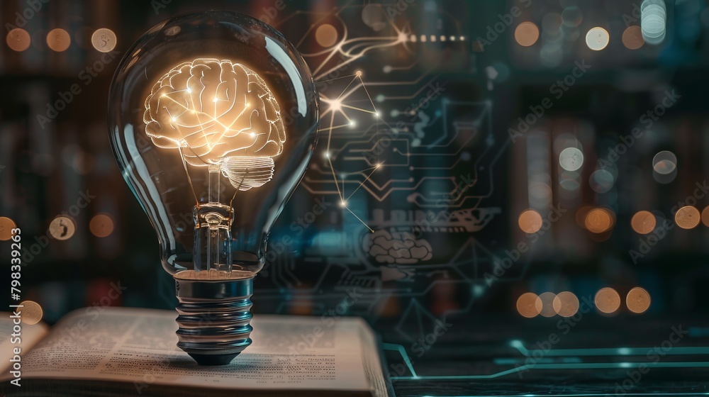 Poster artistic depiction of a light bulb reflecting the pages of a book within its glass, with digital cir
