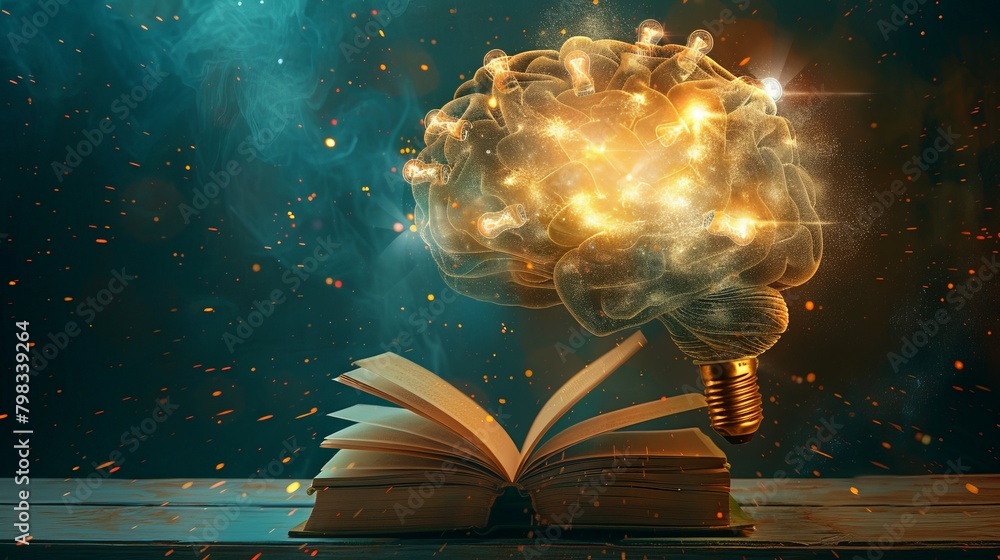 Poster an abstract composition of a brain formed by a cluster of light bulbs, with a book at the base and d