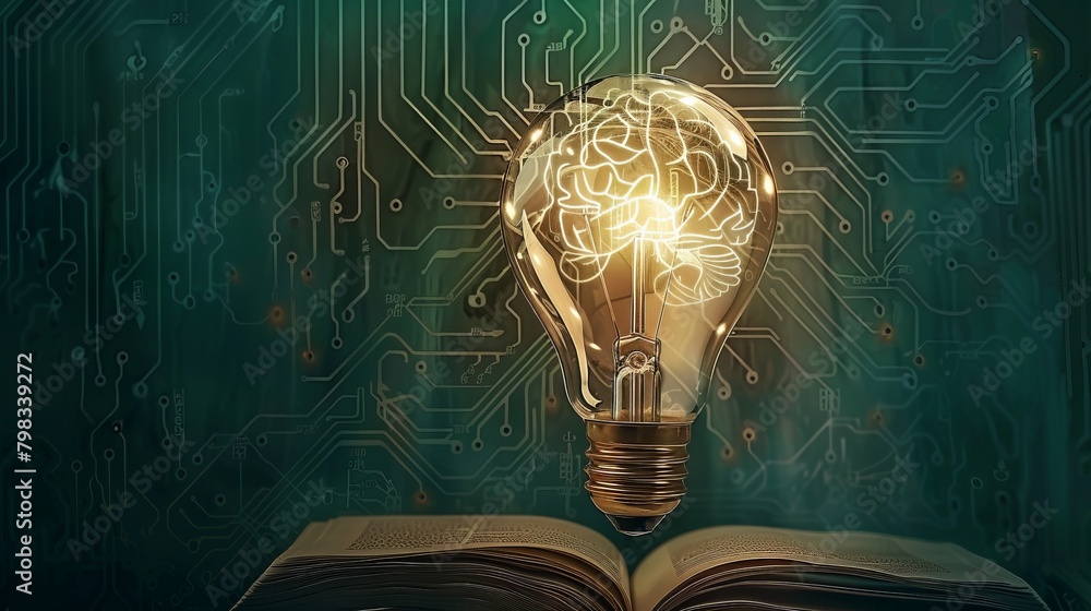 Poster artistic depiction of a light bulb reflecting the pages of a book within its glass, with digital cir