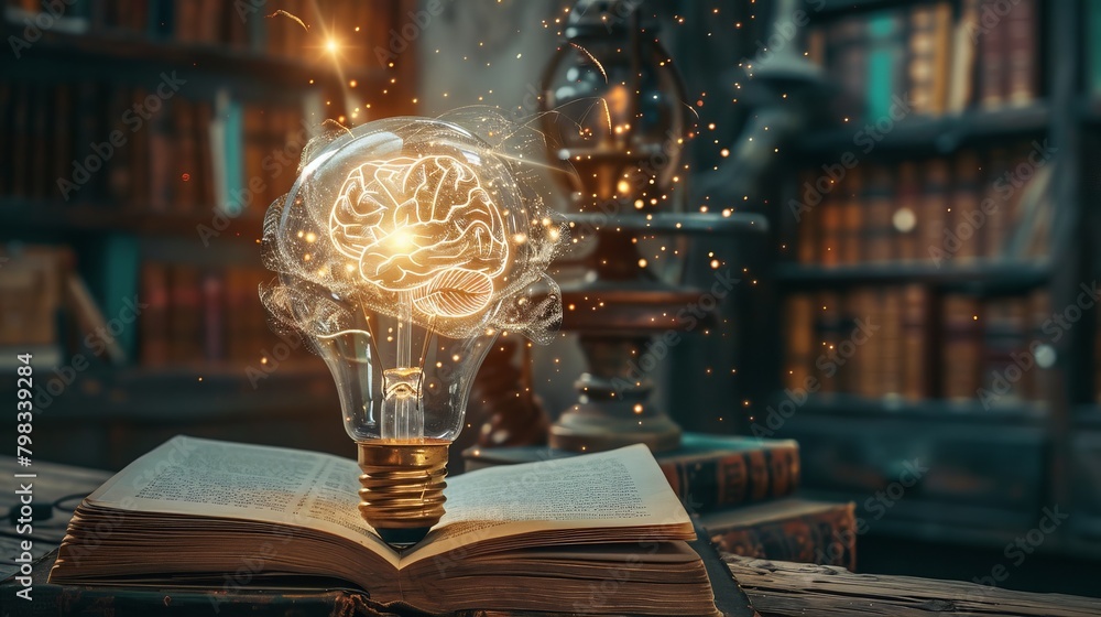 Poster a surreal image of a light bulb with filaments shaped like a brain, hovering above an ancient book, 