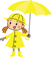 Illustration of a girl wearing yellow rain jacket and holding a  yellow umbrella. Vector Illustration.
