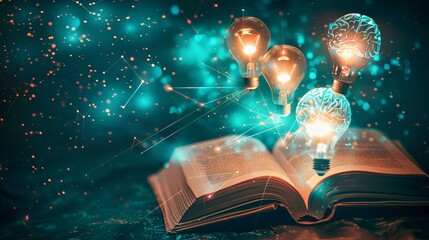 A creative visualization of light bulbs connected to an open book, with lines of light extending to a futuristic brain interface, demonstrating the journey from ideas to scientific breakthroughs