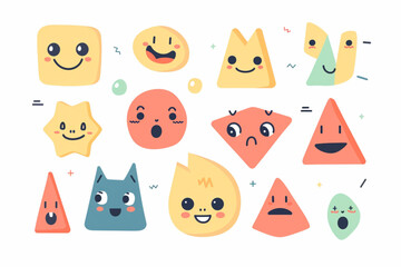 Geometric character shapes with face emotions, different cartoon basic figures. Cute colorful shapes, trendy colors, hand drawn textures,