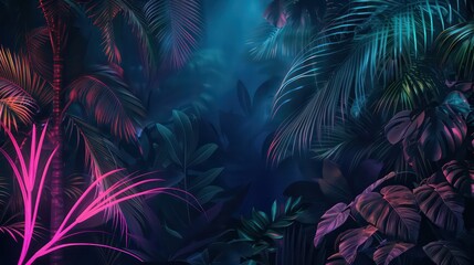 Dark jungle with neon lines and palm leaves night scene for tropical party background