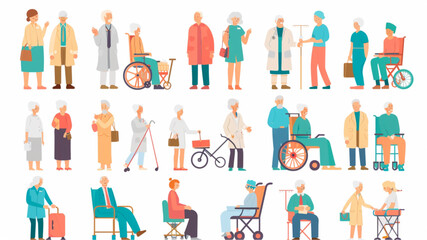 Elderly flat icons set. Pensioner, ageing, senior, checkup, health care, lifetime icons and more signs. Flat icon collection Vector style, studio style, white background, colorful icon