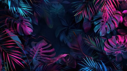 Dark jungle with neon lines and palm leaves night scene for tropical party background