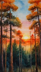 Sunset over the forest in watercolor