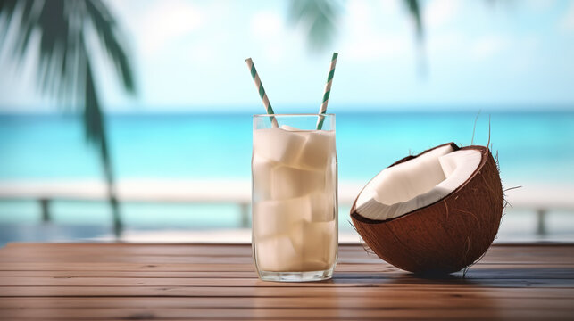 Coconut water with strands of coconut pulp in a glass with a straw. Placed on a wooden table at a beautiful beach.