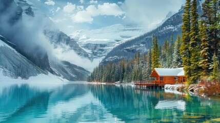 Fototapeta premium Small lake at the foot of a large snow-covered mountain