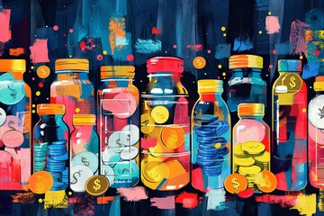 An artistic depiction of financial savings with jars filled with coins against a vibrant, paint-splattered background, symbolizing money management.
