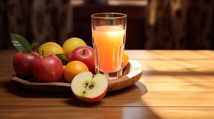 A glass of fresh juice with various fruits arranged around the glass on a brown wooden table on a blurred background.