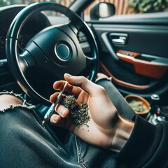 Driving while smoking cannabis joint. Marijuana. Legal regulation. Driving license regulation. Weed. Don’t drive high. Observe limit value and abstinence breaks. Spliff. Generative AI - obrazy, fototapety, plakaty