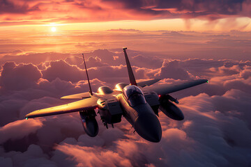 fighter jet above the clouds at sunset