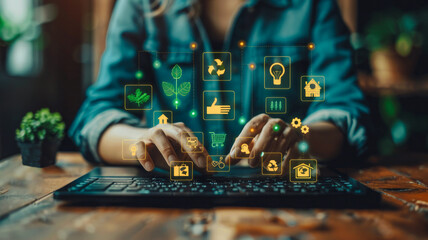 Eco-Strategy Interface: A person in a denim shirt uses a laptop with floating sustainability icons like a plant light bulb, recycling symbol, and a house with a leaf, emphasizing green initiatives.