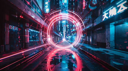 Augmented reality overlays projecting onto the circular marble mosaic, transforming it into a portal to the neon-drenched streets of the cyberpunk world outside.
