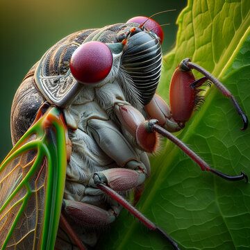 Closeup of a Large Giant Male Red Eyed 17-Year Cicada Lyristes Quesada Gigas Insect Clinging to a Green Fig Tree Leaf in the Woods Forest in Grey Summer Intense Buzzing Singing Loudly to Call Female