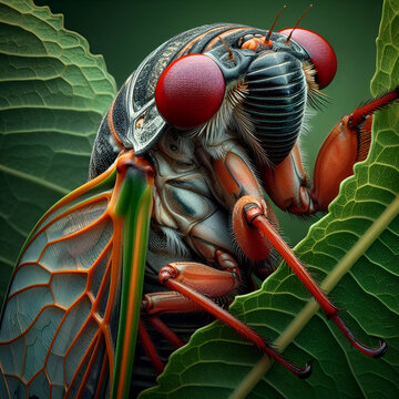 Closeup of a Large Giant Male Red Eyed 17-Year Cicada Lyristes Quesada Gigas Insect Clinging to a Green Fig Tree Leaf in the Woods Forest in Grey Summer Intense Buzzing Singing Loudly to Call Female