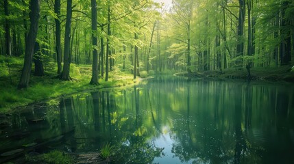 Peaceful forest and pond, spring or summer landscape