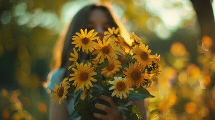 A woman stands holding a bouquet of bright yellow flowers in her hands. The sunlight highlights the vibrant colors of the flowers as she smiles.
