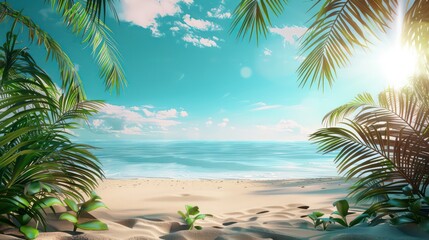 Fototapeta premium Tropical paradise beach, beautiful magical palm trees hanging on the seashore.