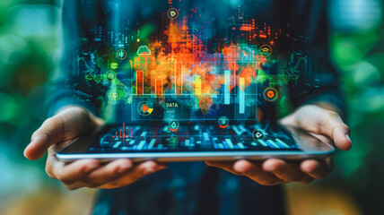 
Data Analytics Interface: Person holds a digital tablet displaying icons like bar graphs, search, and connectivity, indicating use of business intelligence tools or IoT management in a holographic di