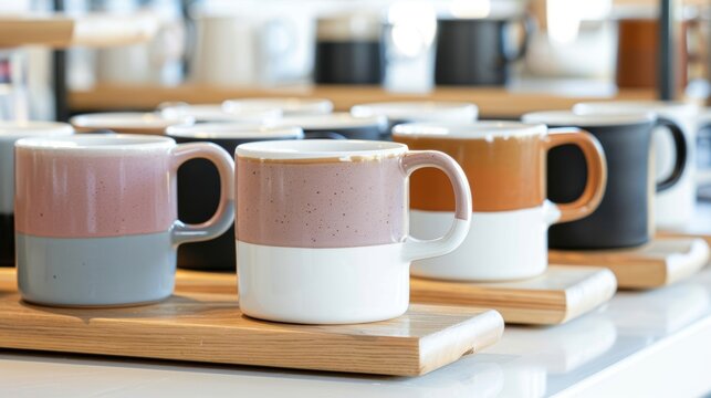 A display of ceramic coffee mugs with minimalist designs and smooth ergonomic handles perfect for enjoying a morning cup of joe..