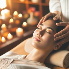 Obraz na płótnie Canvas Relaxed woman receiving head massage. Hands of masseuse manually massaging the head of a client. Enjoying scalp treatment at spa. Facial massage in a beauty clinic. Generative AI