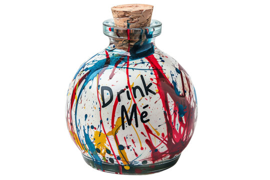 "Drink Me" potion bottle with abstract paint splashes isolated on transparent background. Contemporary art concept. Design for poster, banner, invitation