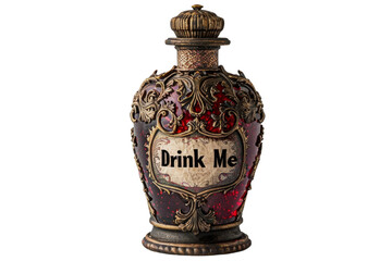 Antique "Drink Me" potion bottle with ornate details isolated on transparent background. Vintage whimsical concept. Design for poster, banner, invitation.