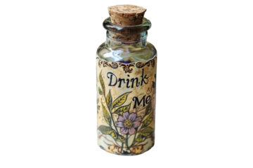 Vintage glass bottle with floral "Drink Me" label and cork stopper 
