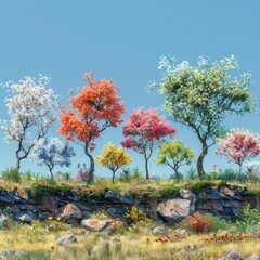 Variations in Bloom: Illustrate the treeline with different levels of blooming--from sparse to fully in bloom. This can be useful for visualizations in landscape projects. Generative AI