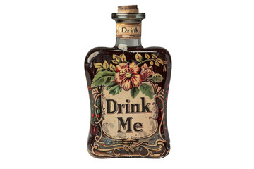 "Drink Me" potion bottle with vintage botanical flower illustration isolated on transparent background. Classic elegance concept. Design for poster, banner, invitation.