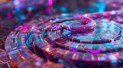 A cybernetic serpent slithering across the circular marble mosaic, its neon scales shimmering against the backdrop of the futuristic cityscape in the office. - obrazy, fototapety, plakaty