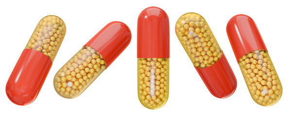 Red capsule with yellow granules inside. Pill set for medical design. 3D rendering.