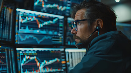 Fototapeta premium Stock trading investor trader broker using crypto exchange platform analyzing chart data on screen. Online investing money in financial market prices indexes analysis and forecast background
