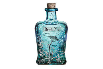 "Drink Me" potion bottle with whimsical underwater scene isolated on transparent background. Aquatic fairytale concept. Design for poster, banner, invitation