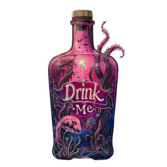 "Drink Me" potion bottle with deep sea creatures and luminous design isolated on transparent background. Mystical ocean concept. Design for poster, banner, invitation.