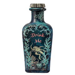 "Drink Me" potion bottle with oceanic flora and fauna illustration isolated on transparent background. Underwater enchantment concept. Design for poster, banner, invitation.