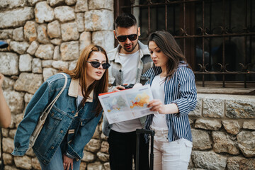 Three young tourists engrossed in a map, navigating through the streets of an old sunny European city during their travel.