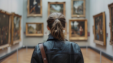 
portrait of an adult woman looking at museum paintings in an old museum art gallery